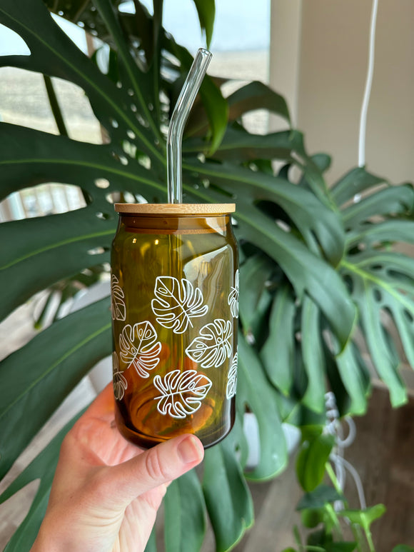 Amber monstera can glass